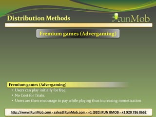 Fremium games (Advergaming)
• Users can play initially for free.
• No Cost for Trials.
• Users are then encourage to pay while playing thus increasing monetization
Fremium games (Advergaming)
http://www.RunMob.com - sales@RunMob.com - +1 (920) RUN 8MOB - +1 920 786 8662
 