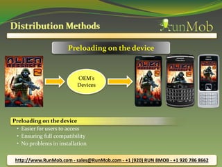 Preloading on the device 
OEM’s 
Devices 
Preloading on the device 
• Easier for users to access 
• Ensuring full compatibility 
• No problems in installation 
http://www.RunMob.com - sales@RunMob.com - +1 (920) RUN 8MOB - +1 920 786 8662 
 