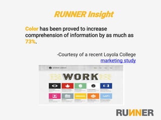 RUNNER Insight
Color has been proved to increase
comprehension of information by as much as
73%.
-Courtesy of a recent Loyola College
marketing study
 