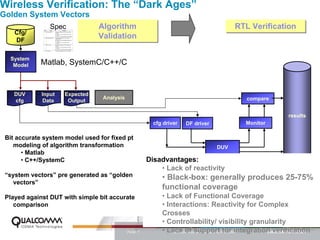 Wireless Verification: The “Dark Ages”
Golden System Vectors
                Spec            Algorithm
                                Algorithm                                             RTL Verification
                                                                                      RTL Verification
    Cfg/
    DF
                                Validation
                                Validation

  System
   Model     Matlab, SystemC/C++/C


    DUV      Input   Expected
                                 Analysis                                                compare
    cfg       Data    Output

                                                                                                   results
                                                       cfg driver   DF driver           Monitor

 Bit accurate system model used for fixed pt
    modeling of algorithm transformation                                        DUV
       • Matlab
       • C++/SystemC                                 Disadvantages:
                                                         • Lack of reactivity
 “system vectors” pre generated as “golden                • Black-box: generally produces 25-75%
    vectors”
                                                          functional coverage
 Played against DUT with simple bit accurate              • Lack of Functional Coverage
    comparison                                            • Interactions: Reactivity for Complex
                                                          Crosses
                                                          • Controllability/ visibility granularity
                                            PAGE 7        • Lack of support for integration verification
                                                              QCT QMS Review I Q2 ‘06 | April 12, 2006
 