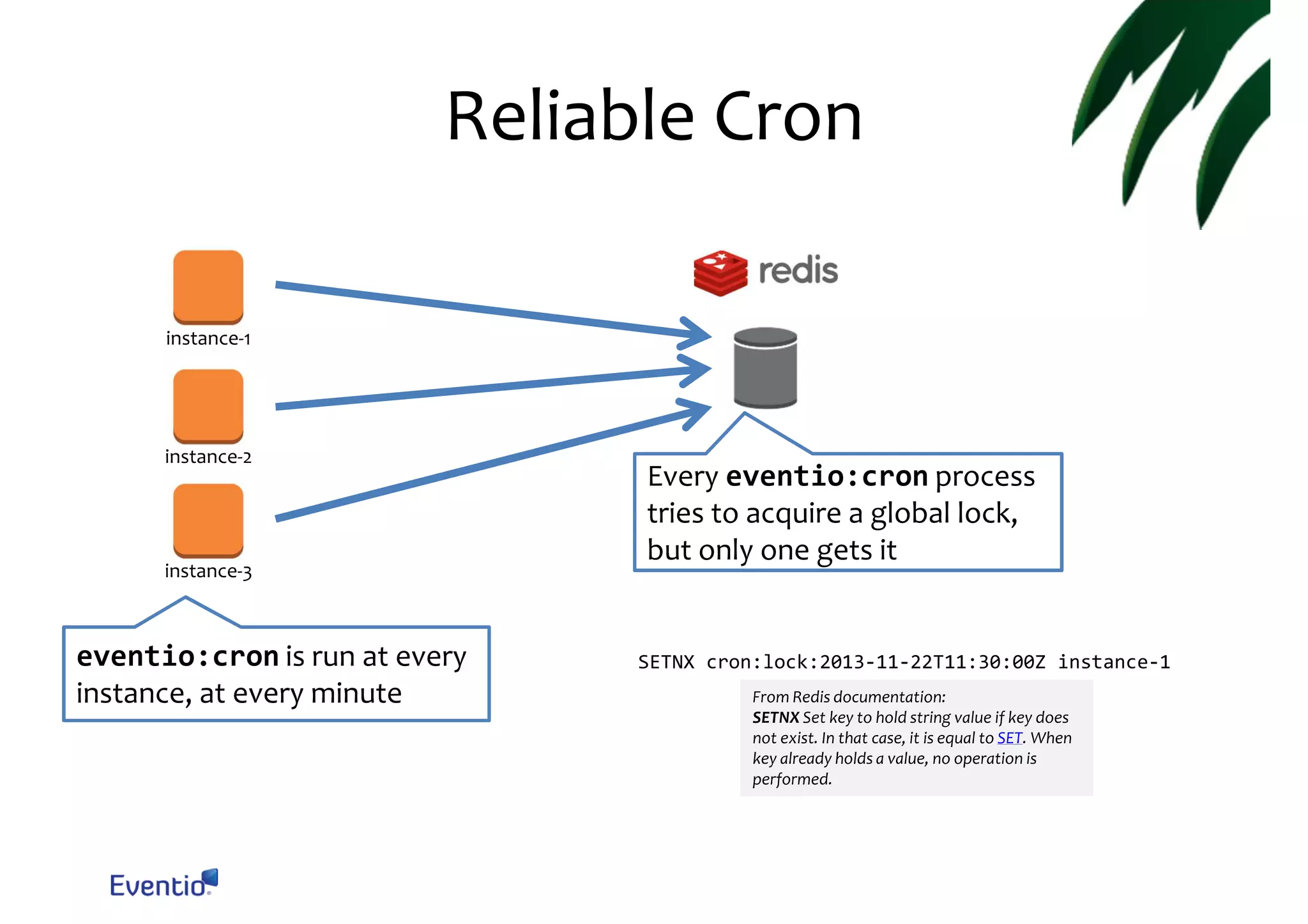 Reliable Cron instance-1 instance-2 instance-3 eventio:cron is run at every instance, at every minute Every eventio:cron process tries to acquire a global lock, but only one gets it SETNX cron:lock:2013-11-22T11:30:00Z instance-1 From Redis documentation: SETNX Set key to hold string value if key does not exist. In that case, it is equal to SET. When key already holds a value, no operation is performed. 