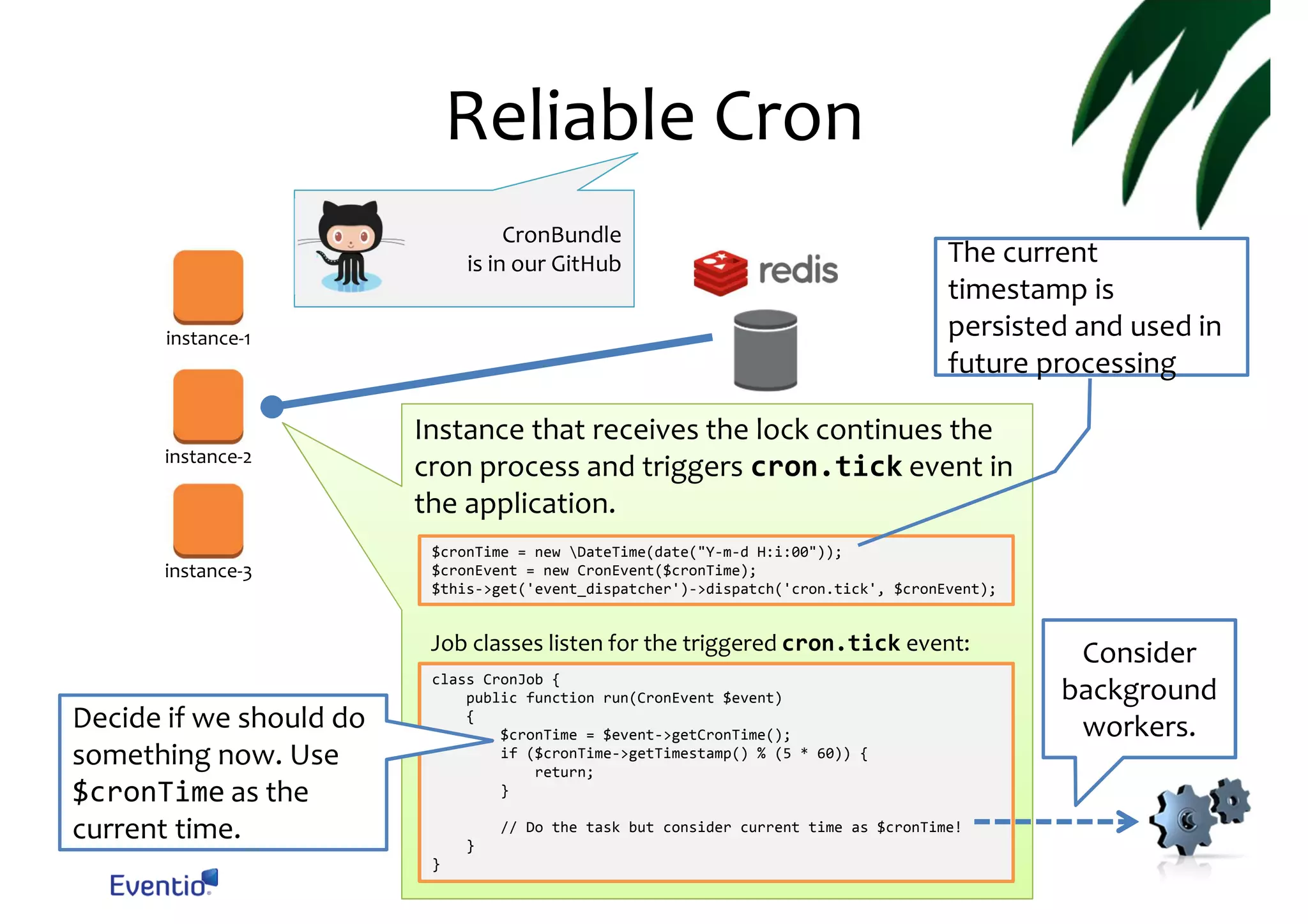 Reliable Cron CronBundle is in our GitHub instance-1 instance-2 instance-3 The current timestamp is persisted and used in future processing Instance that receives the lock continues the cron process and triggers cron.tick event in the application. $cronTime = new DateTime(date("Y-m-d H:i:00")); $cronEvent = new CronEvent($cronTime); $this->get('event_dispatcher')->dispatch('cron.tick', $cronEvent); Job classes listen for the triggered cron.tick event: Decide if we should do something now. Use $cronTime as the current time. class CronJob { public function run(CronEvent $event) { $cronTime = $event->getCronTime(); if ($cronTime->getTimestamp() % (5 * 60)) { return; } // Do the task but consider current time as $cronTime! } } Consider background workers. 