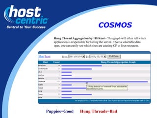 Hung Thread Aggregation by IIS Root  - This graph will often tell which application is responsible for killing the server.  Over a selectable data span, one can easily see which sites are causing CF to lose resources.  COSMOS Hung Threads=Bad Puppies=Good 