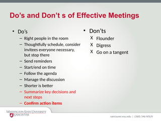 Do’s and Don’t s of Effective Meetings
• Do’s
– Right people in the room
– Thoughtfully schedule, consider
invitees everyone necessary,
but stop there
– Send reminders
– Start/end on time
– Follow the agenda
– Manage the discussion
– Shorter is better
– Summarize key decisions and
next steps
– Confirm action items
• Don’ts
X Flounder
X Digress
X Go on a tangent
 
