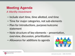 Meeting Agenda
A Worthy Investment
– Include start time, time allotted, end time
– Time for major categories, not sub-elements
– Plan for Introductions, purpose/outcome
statement
– Note structure of key elements – presentation,
overview, discussion, prioritization
– Allowance for additions to agenda
 