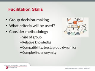 Facilitation Skills
• Group decision-making
• What criteria will be used?
• Consider methodology
–Size of group
–Relative knowledge
–Compatibility, trust, group dynamics
–Complexity, anonymity
 