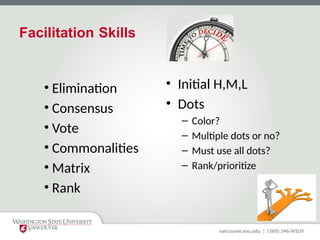 Facilitation Skills
• Elimination
• Consensus
• Vote
• Commonalities
• Matrix
• Rank
• Initial H,M,L
• Dots
– Color?
– Multiple dots or no?
– Must use all dots?
– Rank/prioritize
 