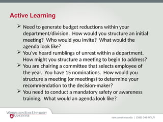 Active Learning
 Need to generate budget reductions within your
department/division. How would you structure an initial
meeting? Who would you invite? What would the
agenda look like?
 You’ve heard rumblings of unrest within a department.
How might you structure a meeting to begin to address?
 You are chairing a committee that selects employee of
the year. You have 15 nominations. How would you
structure a meeting (or meetings) to determine your
recommendation to the decision-maker?
 You need to conduct a mandatory safety or awareness
training. What would an agenda look like?
 