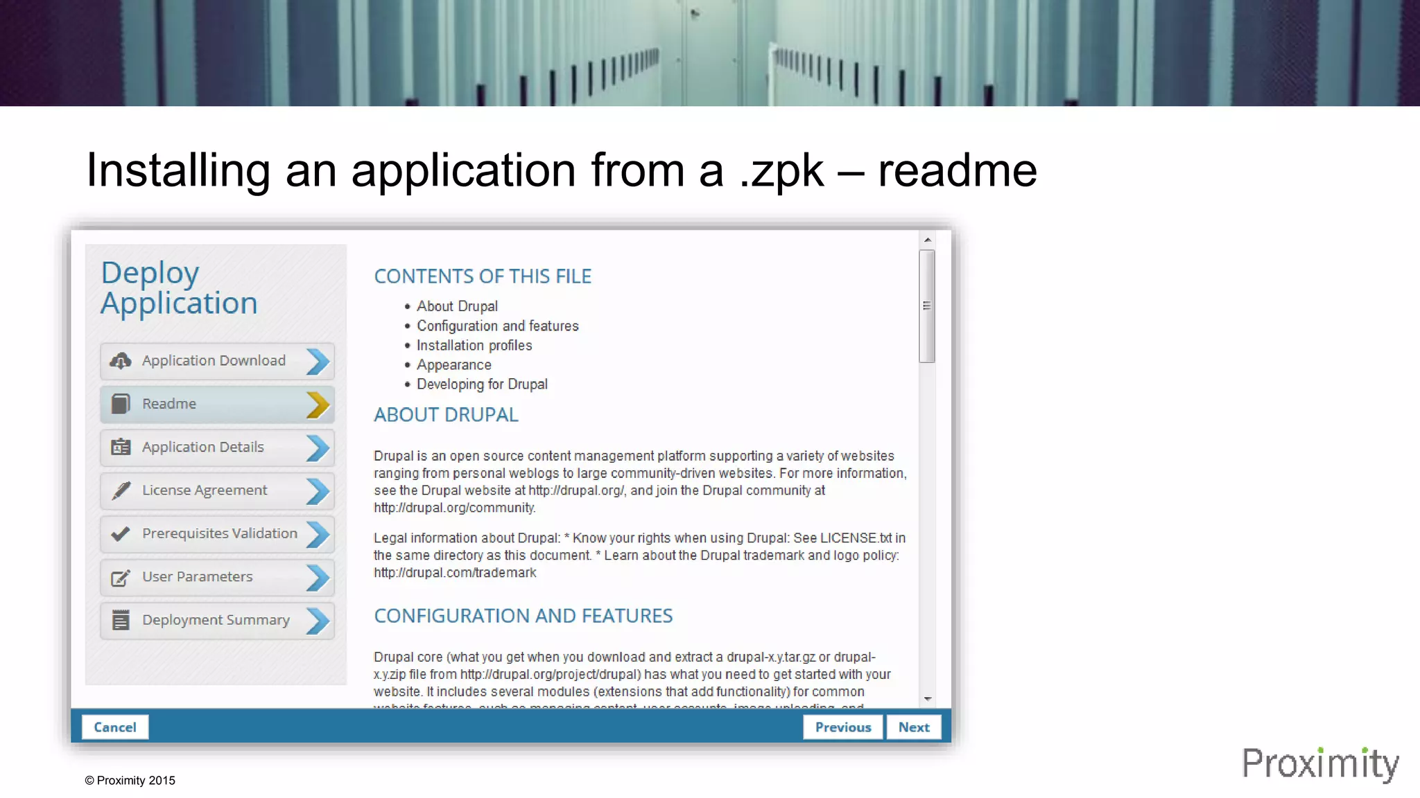 © Proximity 2015 Installing an application from a .zpk – readme 