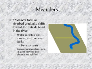 Meanders  Meanders  form as riverbed gradually shifts toward the outside bend in the river Water is fastest and most erosive on outer banks Form cut banks Entrenched meanders- form  in deep canyons after plateaus are uplifted 