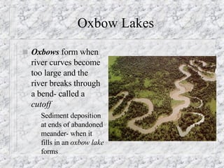 Oxbow Lakes Oxbows  form when river curves become too large and the river breaks through a bend- called a  cutoff Sediment deposition at ends of abandoned meander- when it fills in an  oxbow lake  forms 