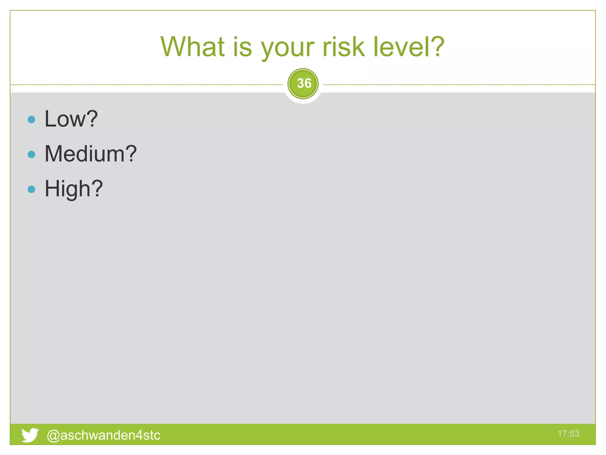 What is your risk level?
17:53@aschwanden4stc
36
 Low?
 Medium?
 High?
 
