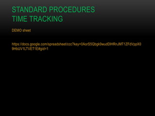 STANDARD PROCEDURES
TIME TRACKING
DEMO sheet
https://docs.google.com/spreadsheet/ccc?key=0AorS5Qbgk9wudDlHRnJMT1ZFdVppX0
9HbUV1LTVET1E#gid=1

 
