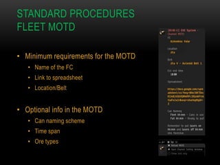 STANDARD PROCEDURES
FLEET MOTD
• Minimum requirements for the MOTD
• Name of the FC

• Link to spreadsheet
• Location/Belt

• Optional info in the MOTD
• Can naming scheme
• Time span
• Ore types

 