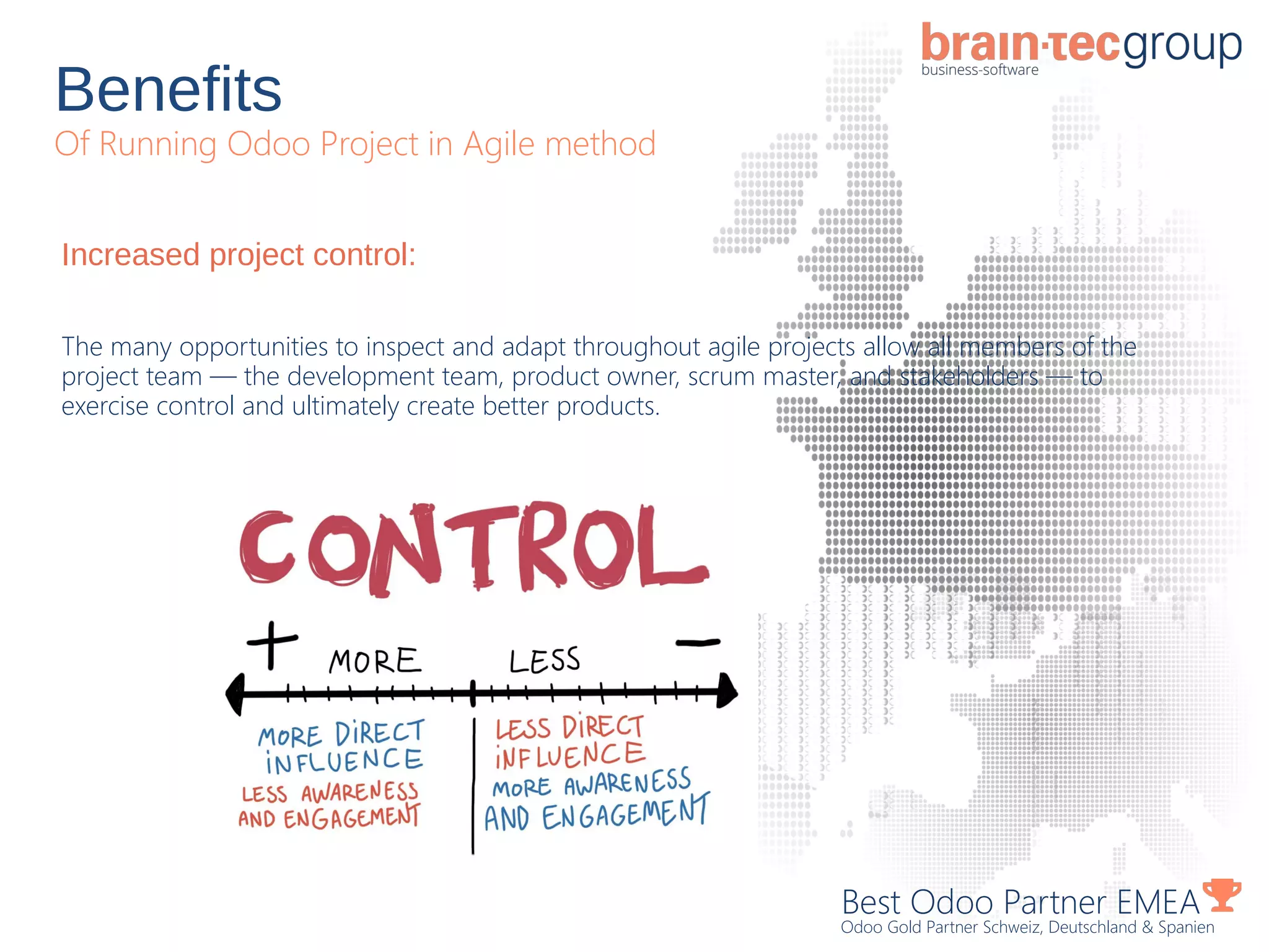 Benefits
Of Running Odoo Project in Agile method
Best Odoo Partner EMEA
Odoo Gold Partner Schweiz, Deutschland & Spanien
Increased project control:
The many opportunities to inspect and adapt throughout agile projects allow all members of the
project team — the development team, product owner, scrum master, and stakeholders — to
exercise control and ultimately create better products.
 