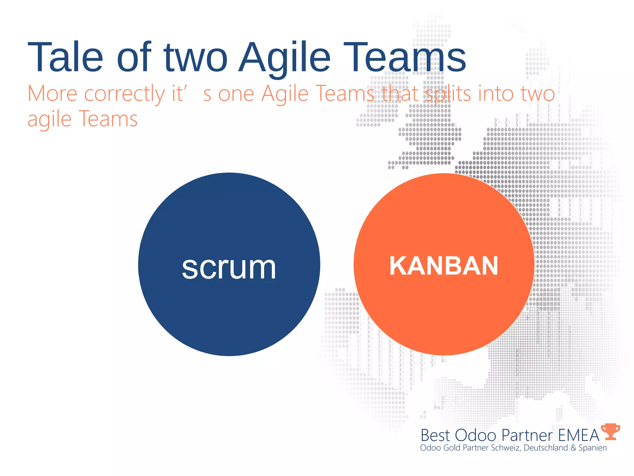 Tale of two Agile Teams
More correctly it’s one Agile Teams that splits into two
agile Teams
Best Odoo Partner EMEA
Odoo Gold Partner Schweiz, Deutschland & Spanien
scrum KANBAN
 