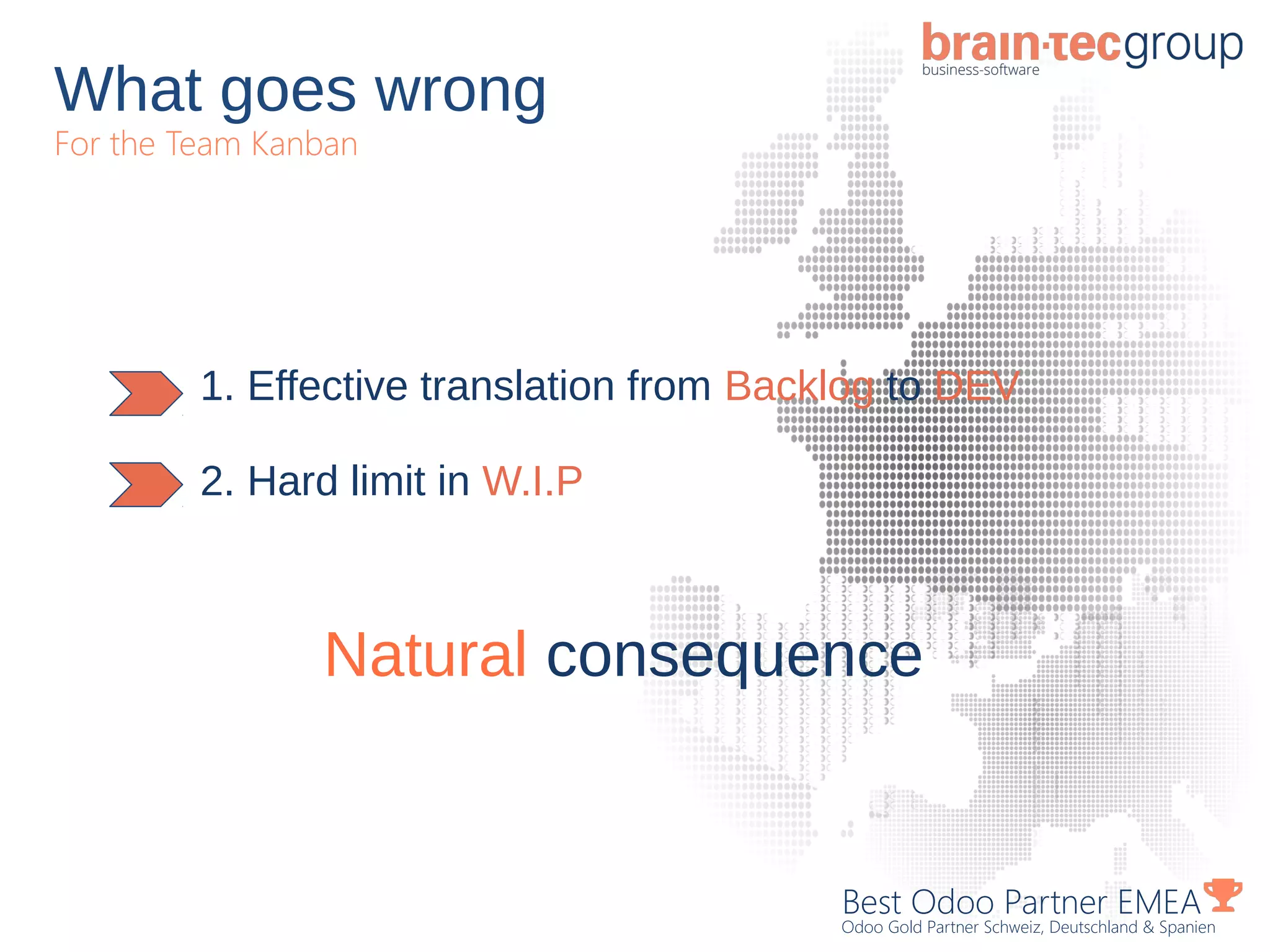 What goes wrong
For the Team Kanban
Best Odoo Partner EMEA
Odoo Gold Partner Schweiz, Deutschland & Spanien
1. 1. Effective translation from Backlog to DEV
1. 2. Hard limit in W.I.P
1. Natural consequence
 