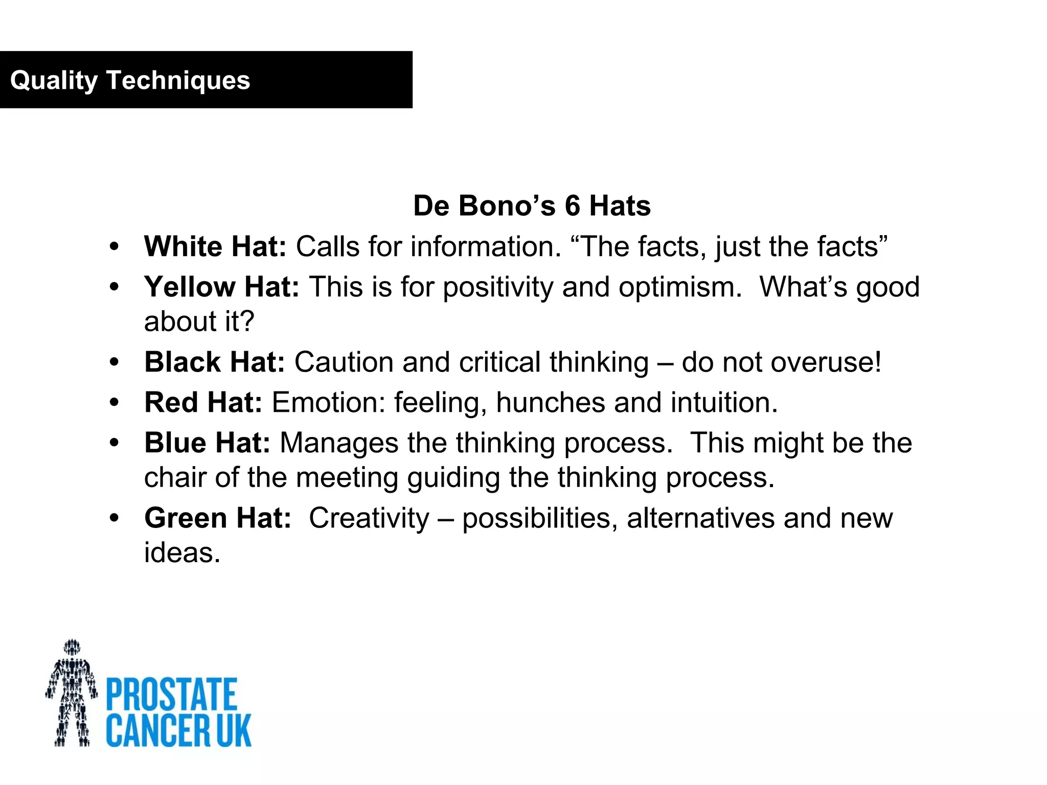 De Bono’s 6 Hats
• White Hat: Calls for information. “The facts, just the facts”
• Yellow Hat: This is for positivity and optimism. What’s good
about it?
• Black Hat: Caution and critical thinking – do not overuse!
• Red Hat: Emotion: feeling, hunches and intuition.
• Blue Hat: Manages the thinking process. This might be the
chair of the meeting guiding the thinking process.
• Green Hat: Creativity – possibilities, alternatives and new
ideas.
Quality Techniques
 