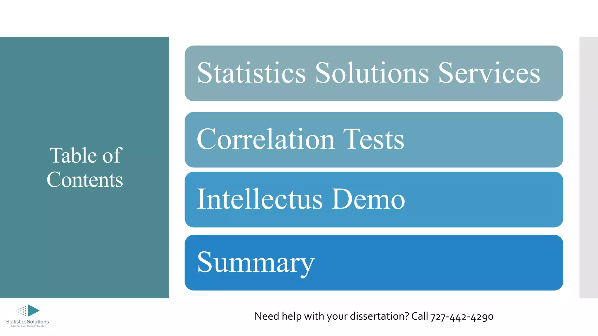 Table of
Contents
Statistics Solutions Services
Correlation Tests
Intellectus Demo
Summary
Need help with your dissertation? Call 727-442-4290
 