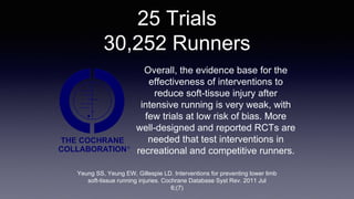 Yeung SS, Yeung EW, Gillespie LD. Interventions for preventing lower limb
soft-tissue running injuries. Cochrane Database Syst Rev. 2011 Jul
6;(7)
Overall, the evidence base for the
effectiveness of interventions to
reduce soft-tissue injury after
intensive running is very weak, with
few trials at low risk of bias. More
well-designed and reported RCTs are
needed that test interventions in
recreational and competitive runners.
25 Trials
30,252 Runners
 