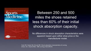 Between 250 and 500
miles the shoes retained
less than 60% of their initial
shock absorption capacity.
No differences in shock absorption characteristics were
apparent based upon either shoe price or the
manufacturer model.
Cook SD, Kester MA, Brunet ME. Shock absorption characteristics of running
shoes. Am J Sports Med. 1985 Jul-Aug;13(4):248-53.
 