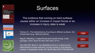 Surfaces
Feehery FJ. The biomechanics of running on different surfaces. Clin
Podiatr Med Surg 1986;3(4) 649-59.
Nigg B, Wakeling J. Impact forces and muscle tuning: a new
paradigm. Exerc Sport Sci Rev 2001;29(1) 37-41.
Van Gent RN, Siem D, Van Middelkoop M et al. Incidence and
determinants of lower extremity running injuries in long distance
runners: A systematic review. BrJ Sports Med 2007;41(8):469-480.
The evidence that running on hard surfaces
causes either an increase in impact forces or an
increase in injury rates is weak
1986
2001
2007
 