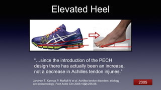 Elevated Heel
Jarvinen T, Kannus P, Maffulli N et al. Achilles tendon disorders: etiology
and epidemiology. Foot Ankle Clin 2005;10(2):255-66.
“…since the introduction of the PECH
design there has actually been an increase,
not a decrease in Achilles tendon injuries.”
2005
 