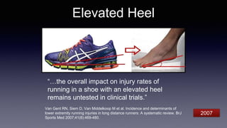 Elevated Heel
Van Gent RN, Siem D, Van Middelkoop M et al. Incidence and determinants of
lower extremity running injuries in long distance runners: A systematic review. BrJ
Sports Med 2007;41(8):469-480.
“…the overall impact on injury rates of
running in a shoe with an elevated heel
remains untested in clinical trials.”
2007
 