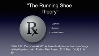 "The Running Shoe
Theory"
• Cushion
• Support
• Motion Control
Gallant JL, Pierrynowski MR. A theoretical perspective on running-
related injuries. J Am Podiatr Med Assoc. 2014 Mar;104(2):211-
20.
 
