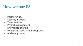 15
How we use P2
- Partnerships.
- Security incident.
- Team website.
- Project management.
- Knowledge sharing.
- Hobby and special interest group.
- And many more!
 