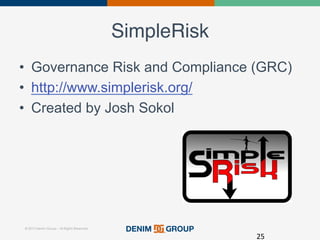 © 2015 Denim Group – All Rights Reserved
SimpleRisk!
•  Governance Risk and Compliance (GRC)
•  http://www.simplerisk.org/
•  Created by Josh Sokol
25	
  
 