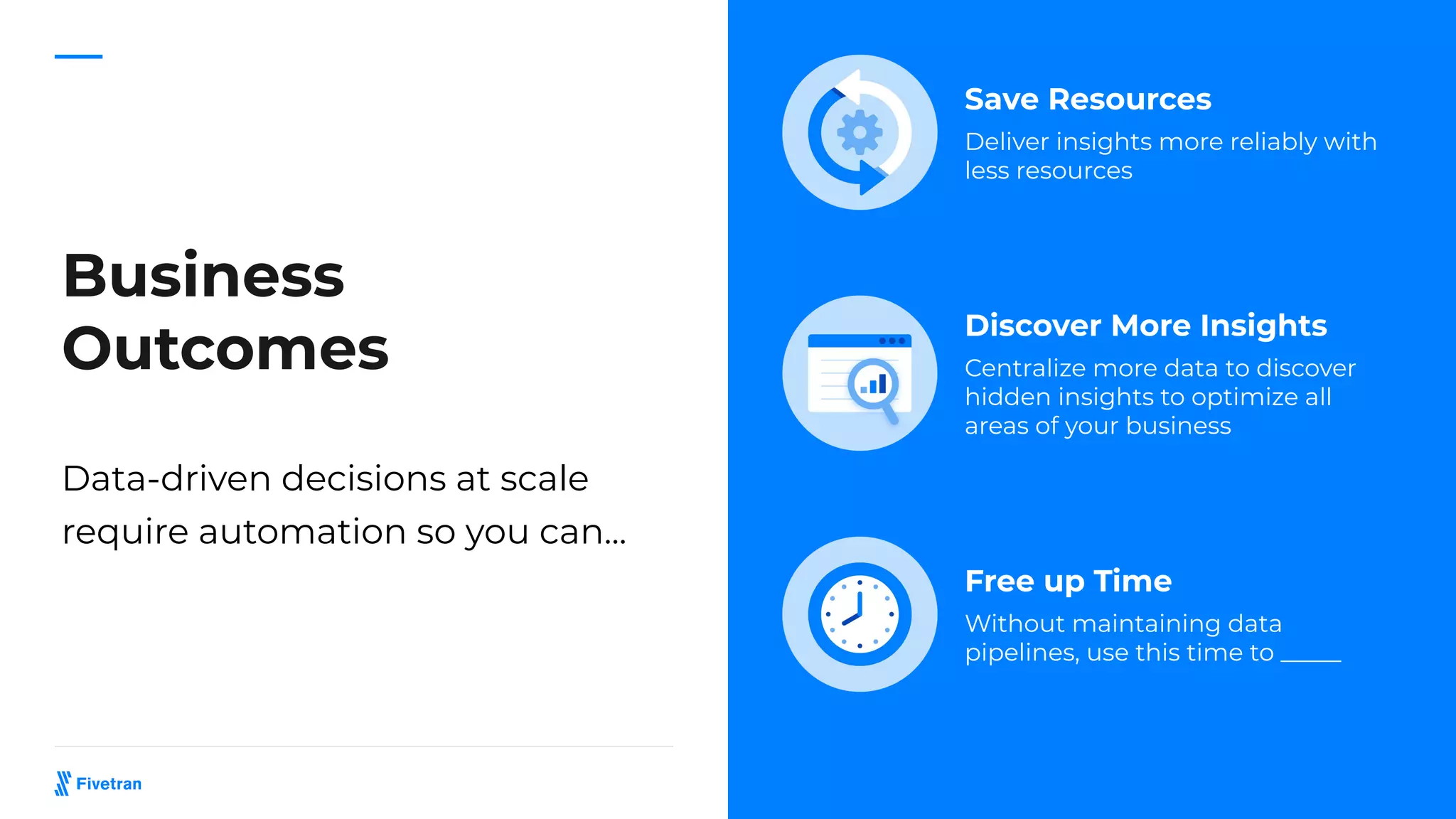 Business
Outcomes
Data-driven decisions at scale
require automation so you can...
Save Resources
Deliver insights more reliably with
less resources
Discover More Insights
Centralize more data to discover
hidden insights to optimize all
areas of your business
Free up Time
Without maintaining data
pipelines, use this time to _____
 