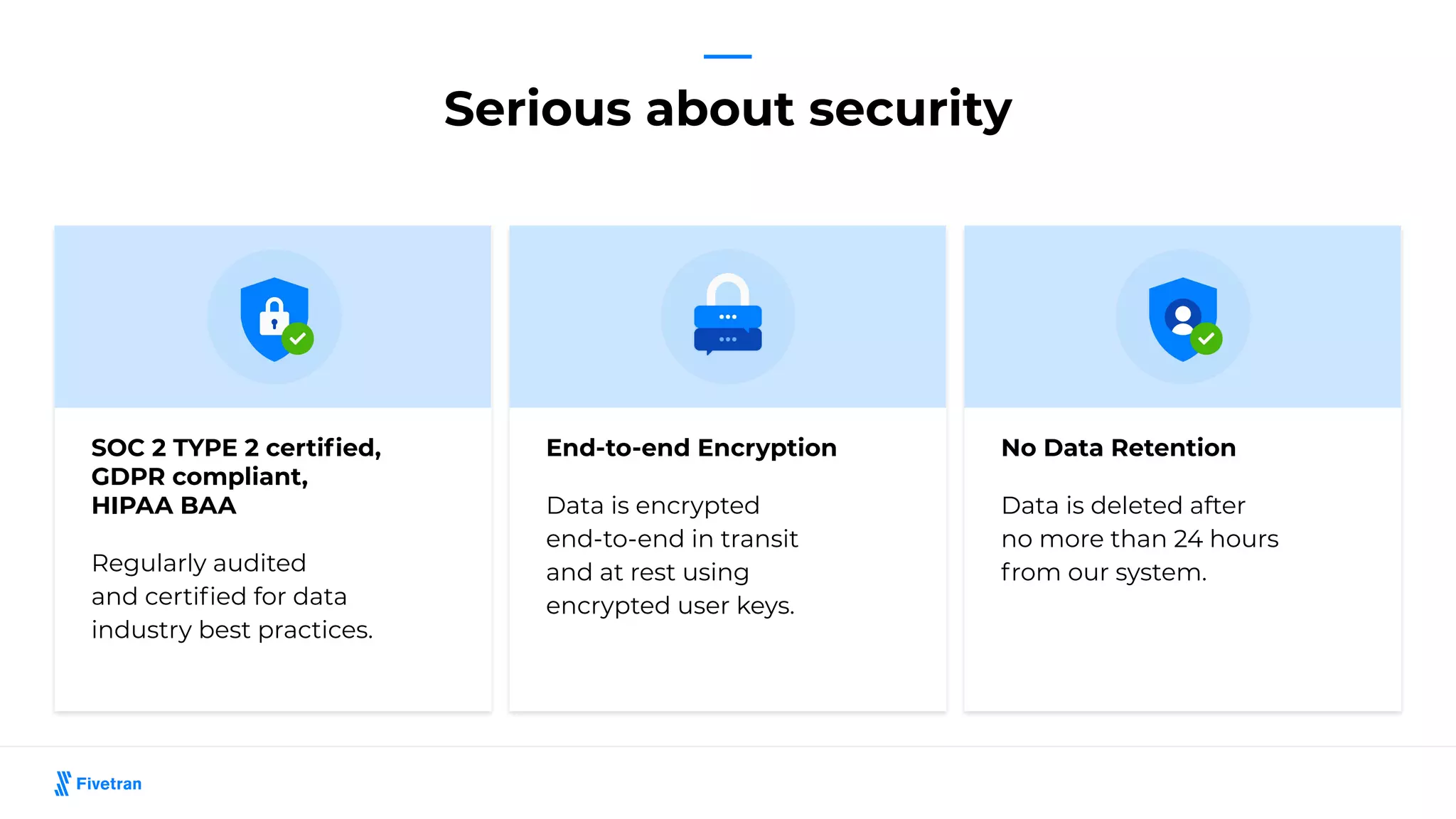 Serious about security
SOC 2 TYPE 2 certiﬁed,
GDPR compliant,
HIPAA BAA
Regularly audited
and certiﬁed for data
industry best practices.
End-to-end Encryption
Data is encrypted
end-to-end in transit
and at rest using
encrypted user keys.
No Data Retention
Data is deleted after
no more than 24 hours
from our system.
 