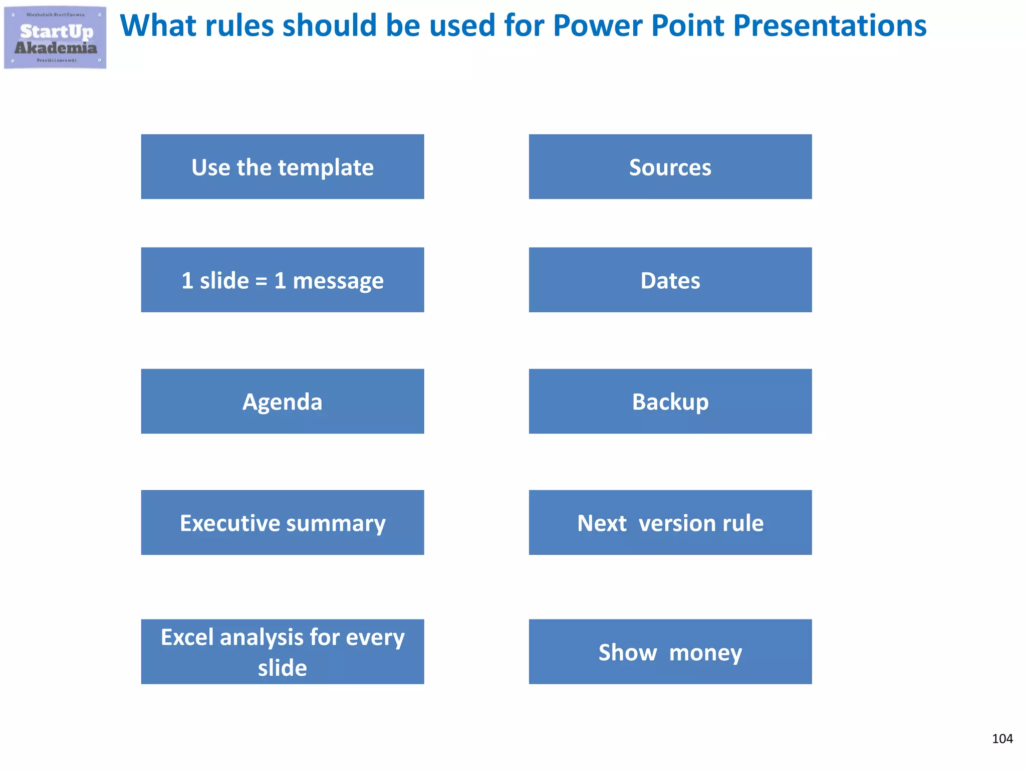 104
What rules should be used for Power Point Presentations
Use the template
1 slide = 1 message
Agenda
Executive summary
Excel analysis for every
slide
Sources
Dates
Backup
Next version rule
Show money
 