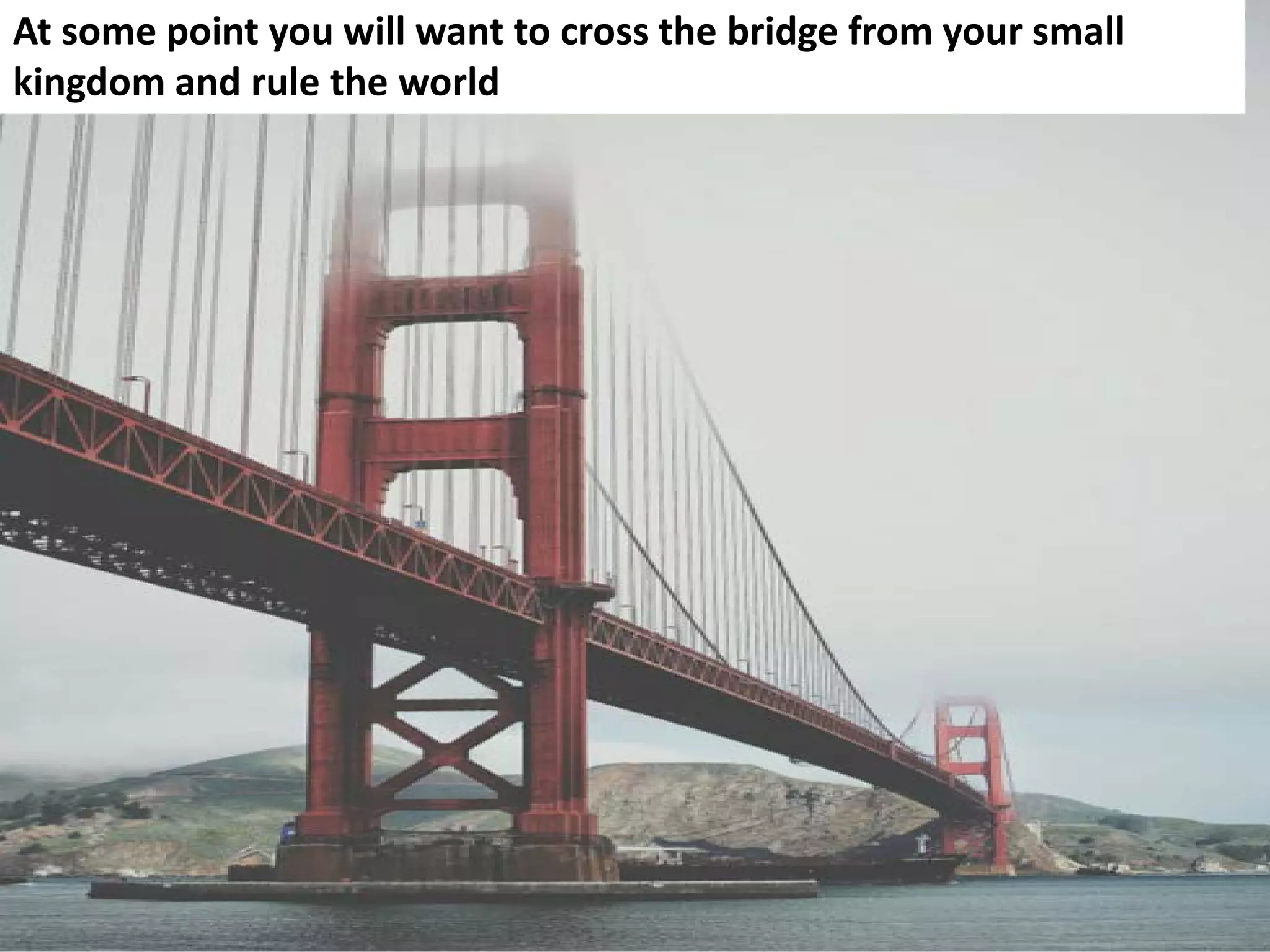 133
At some point you will want to cross the bridge from your small
kingdom and rule the world
 