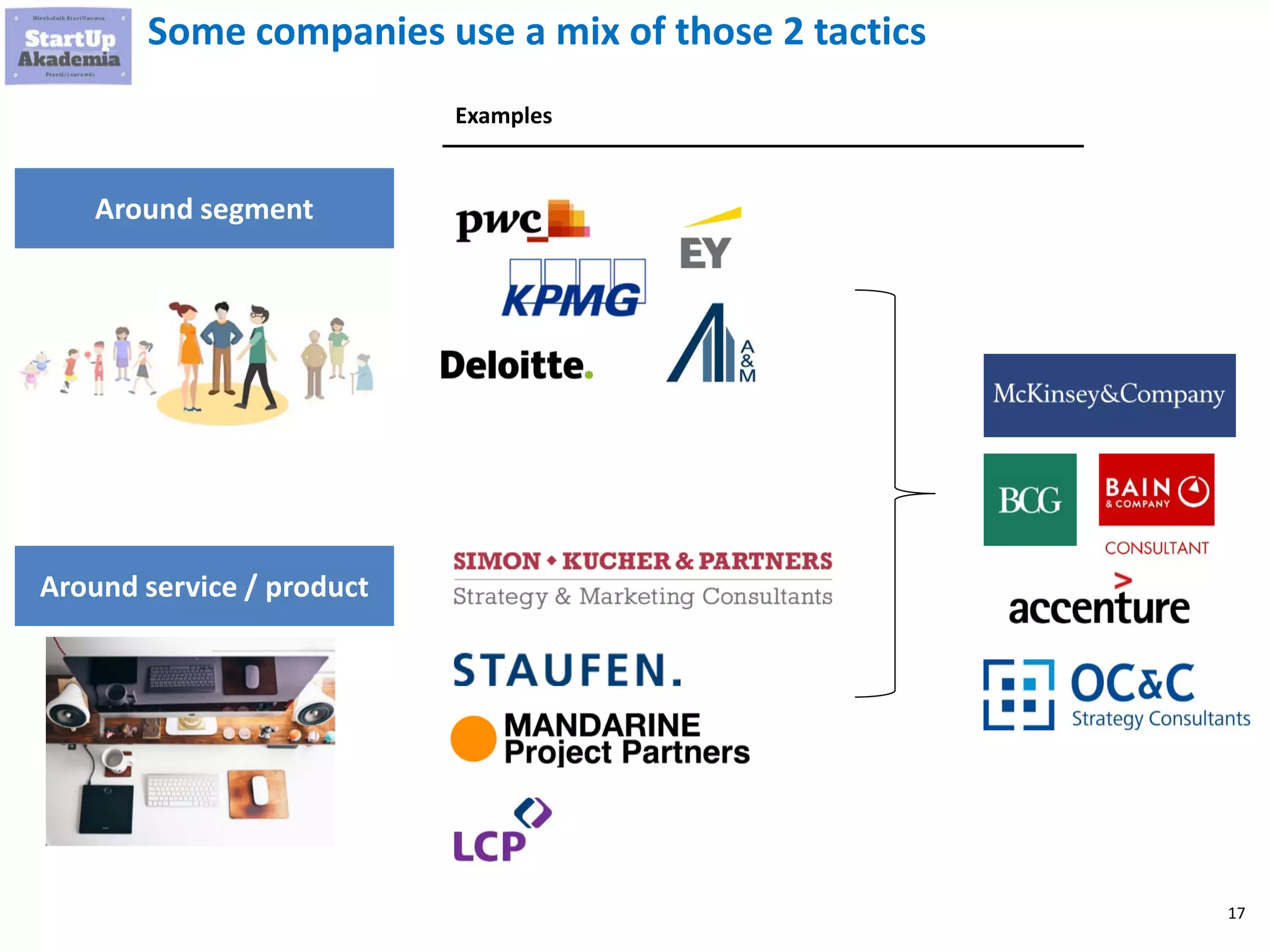 17
Some companies use a mix of those 2 tactics
Around segment
Examples
Around service / product
 