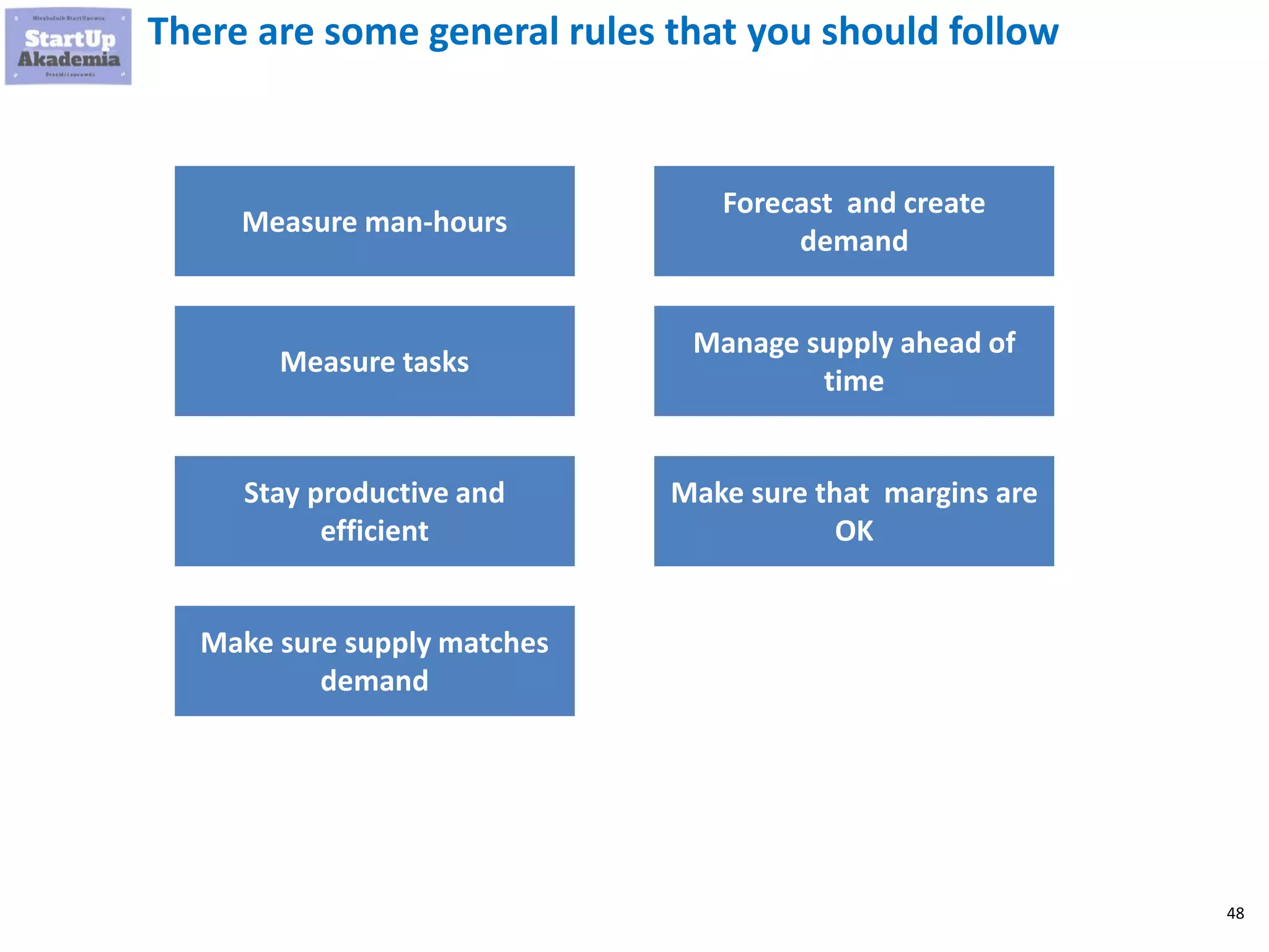 48
There are some general rules that you should follow
Measure man-hours
Measure tasks
Stay productive and
efficient
Make sure supply matches
demand
Forecast and create
demand
Manage supply ahead of
time
Make sure that margins are
OK
 