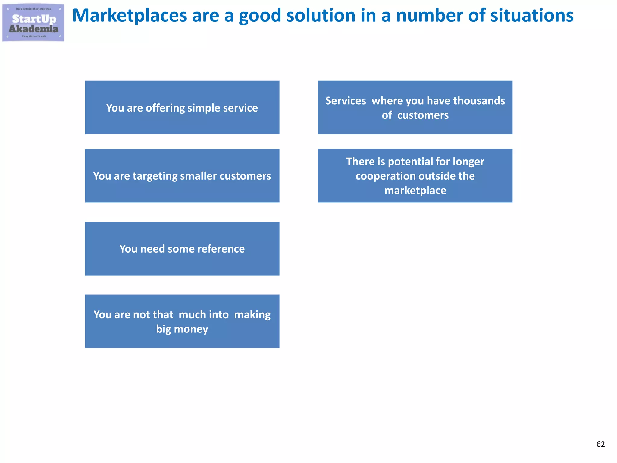 62
Marketplaces are a good solution in a number of situations
You are offering simple service
You are targeting smaller customers
You need some reference
You are not that much into making
big money
Services where you have thousands
of customers
There is potential for longer
cooperation outside the
marketplace
 