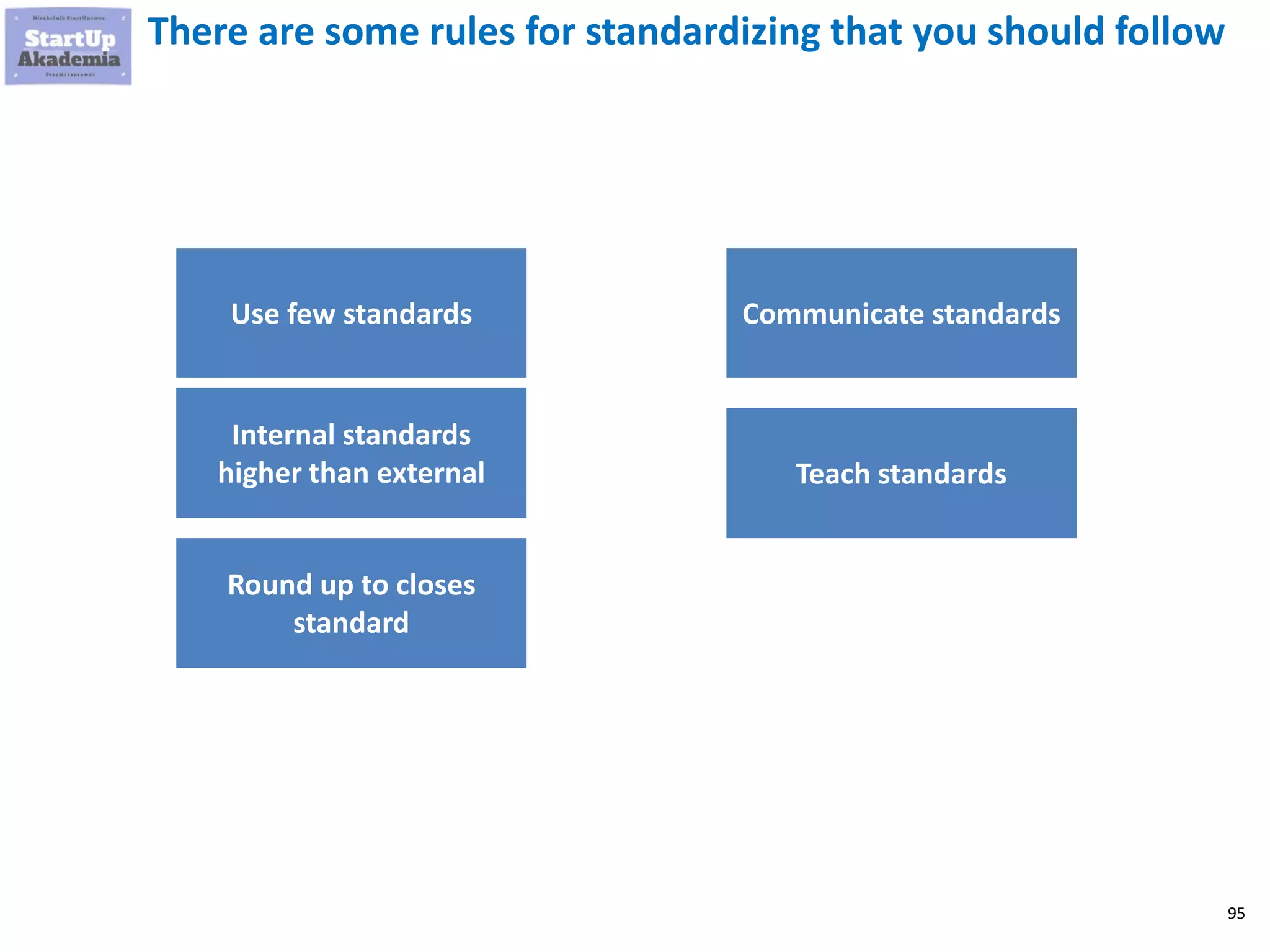 95
There are some rules for standardizing that you should follow
Use few standards
Internal standards
higher than external
Round up to closes
standard
Communicate standards
Teach standards
 