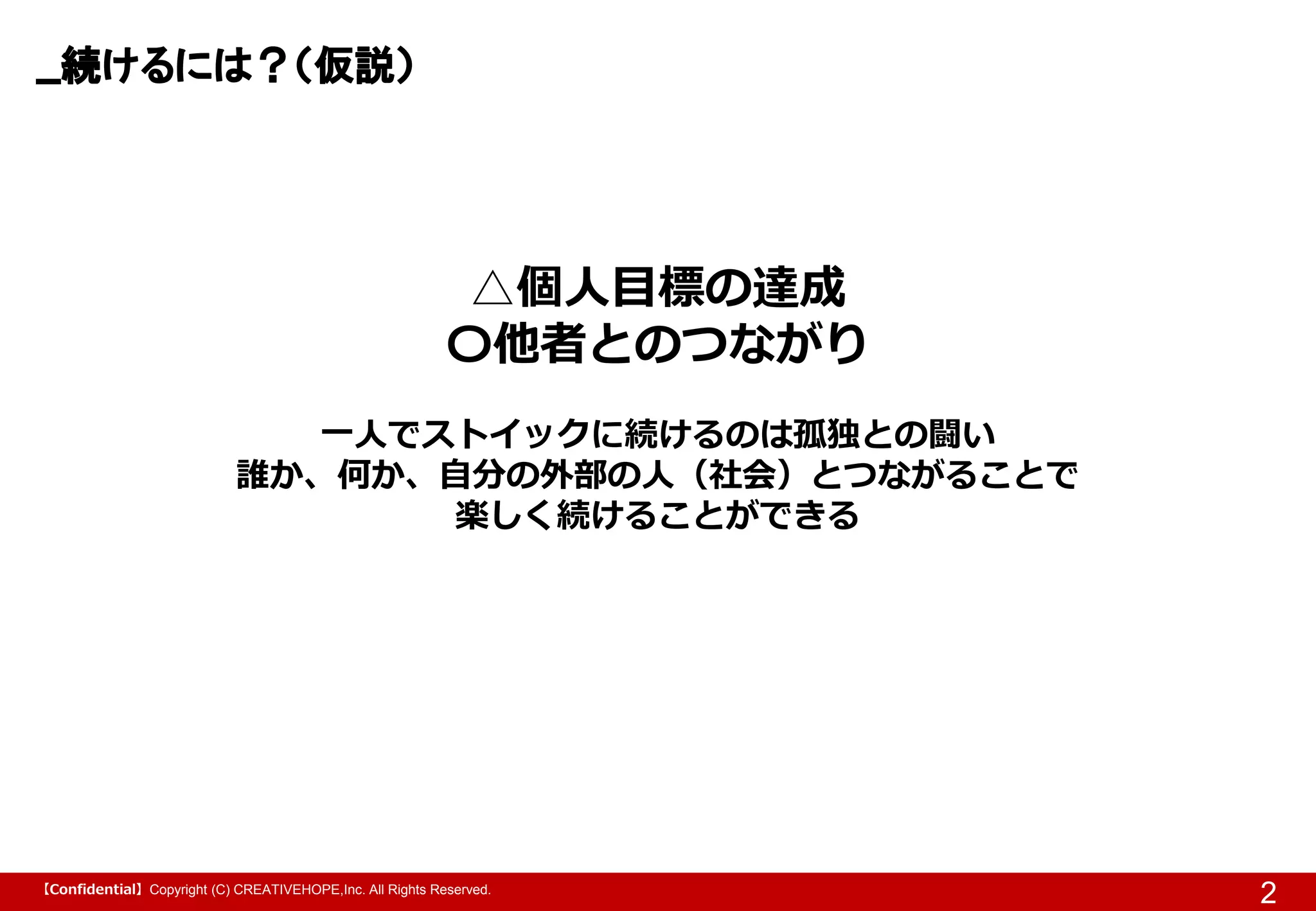 【Confidential】Copyright (C) CREATIVEHOPE,Inc. All Rights Reserved.
続けるには？（仮説）
2
△個人目標の達成
〇他者とのつながり
一人でストイックに続けるのは孤独との闘い
誰か、何か、自分の外部の人（社会）とつながることで
楽しく続けることができる
 