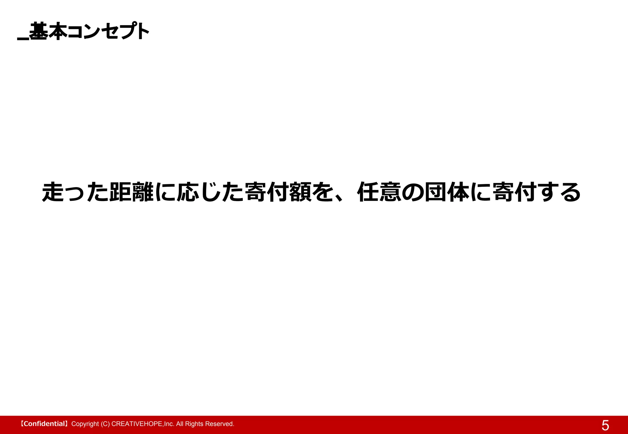 【Confidential】Copyright (C) CREATIVEHOPE,Inc. All Rights Reserved.
基本コンセプト
5
走った距離に応じた寄付額を、任意の団体に寄付する
 