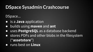 Running DSpace: Technical overview, lessons learned, workflows and essential skills