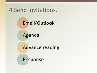 4.Send invitations. 
Email/Outlook 
Agenda 
Advance reading 
Response 
 