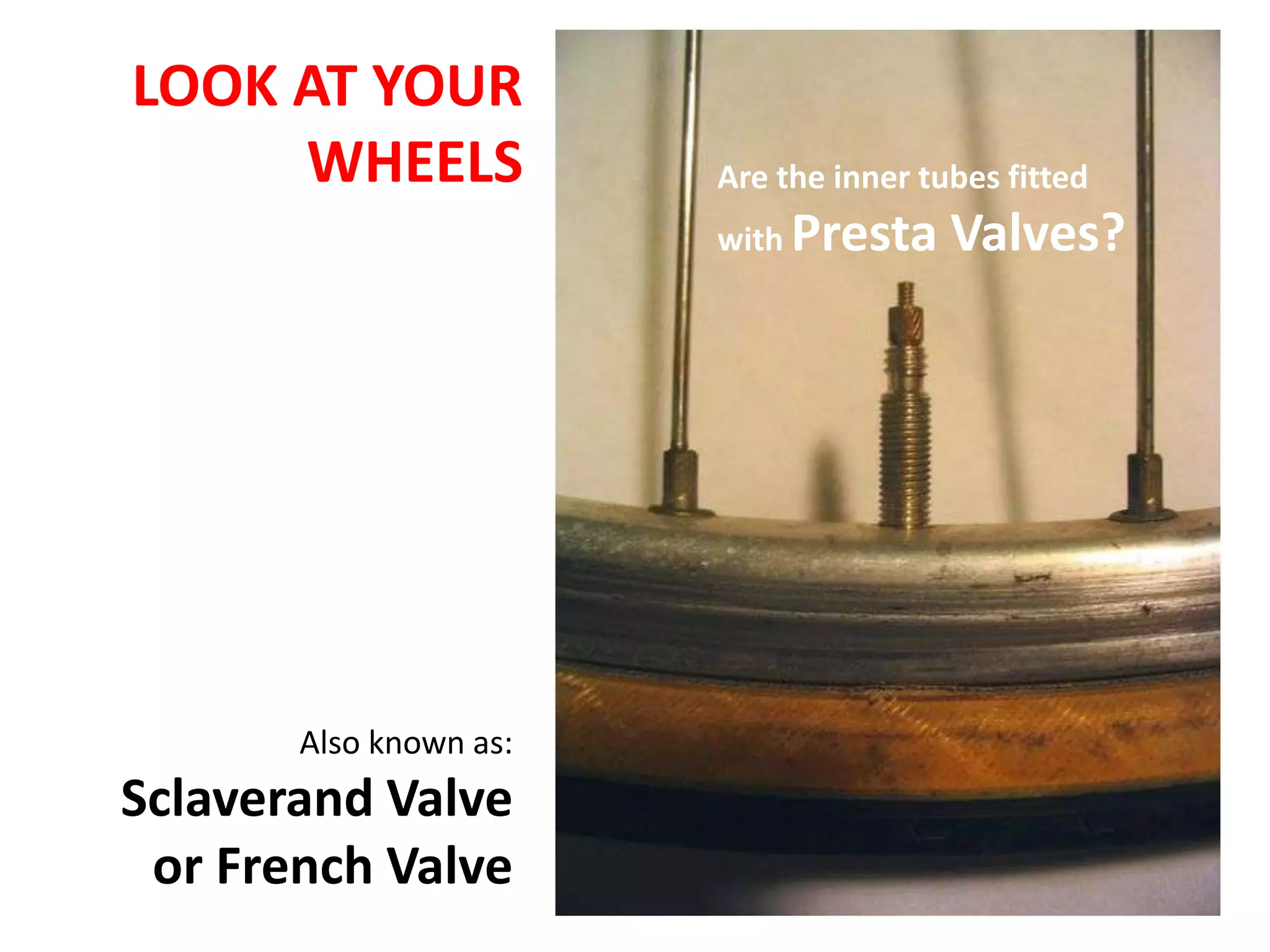 LOOK AT YOUR
     WHEELS             Are the inner tubes fitted
                        with Presta     Valves?




       Also known as:
Sclaverand Valve
 or French Valve
 