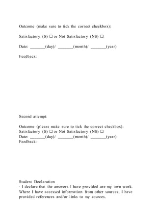 Outcome (make sure to tick the correct checkbox):
Satisfactory (S) ☐ or Not Satisfactory (NS) ☐
Date: _______(day)/ _______(month)/ _______(year)
Feedback:
Second attempt:
Outcome (please make sure to tick the correct checkbox):
Satisfactory (S) ☐ or Not Satisfactory (NS) ☐
Date: _______(day)/ _______(month)/ _______(year)
Feedback:
Student Declaration
· I declare that the answers I have provided are my own work.
Where I have accessed information from other sources, I have
provided references and/or links to my sources.
 