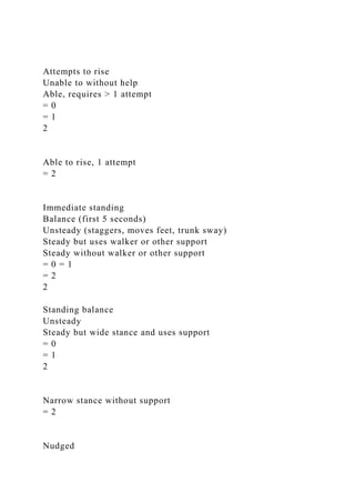 Attempts to rise
Unable to without help
Able, requires > 1 attempt
= 0
= 1
2
Able to rise, 1 attempt
= 2
Immediate standing
Balance (first 5 seconds)
Unsteady (staggers, moves feet, trunk sway)
Steady but uses walker or other support
Steady without walker or other support
= 0 = 1
= 2
2
Standing balance
Unsteady
Steady but wide stance and uses support
= 0
= 1
2
Narrow stance without support
= 2
Nudged
 