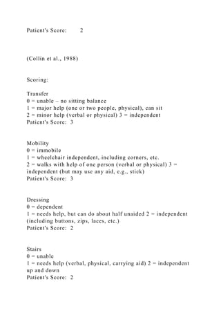 Patient's Score: 2
(Collin et al., 1988)
Scoring:
Transfer
0 = unable – no sitting balance
1 = major help (one or two people, physical), can sit
2 = minor help (verbal or physical) 3 = independent
Patient's Score: 3
Mobility
0 = immobile
1 = wheelchair independent, including corners, etc.
2 = walks with help of one person (verbal or physical) 3 =
independent (but may use any aid, e.g., stick)
Patient's Score: 3
Dressing
0 = dependent
1 = needs help, but can do about half unaided 2 = independent
(including buttons, zips, laces, etc.)
Patient's Score: 2
Stairs
0 = unable
1 = needs help (verbal, physical, carrying aid) 2 = independent
up and down
Patient's Score: 2
 