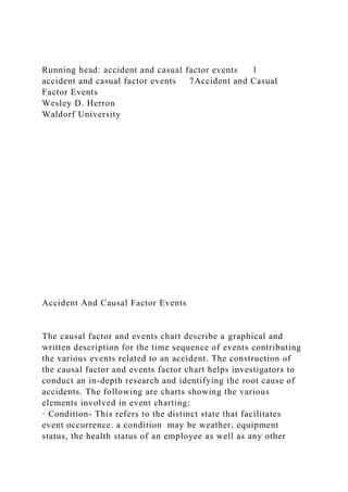 Running head: accident and casual factor events 1
accident and casual factor events 7Accident and Casual
Factor Events
Wesley D. Herron
Waldorf University
Accident And Causal Factor Events
The causal factor and events chart describe a graphical and
written description for the time sequence of events contributing
the various events related to an accident. The construction of
the causal factor and events factor chart helps investigators to
conduct an in-depth research and identifying the root cause of
accidents. The following are charts showing the various
elements involved in event charting:
· Condition- This refers to the distinct state that facilitates
event occurrence. a condition may be weather, equipment
status, the health status of an employee as well as any other
 
