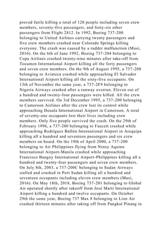 proved futile killing a total of 128 people including seven crew
members, seventy-five passengers, and forty-six other
passengers from Flight 2812. In 1992, Boeing 737-200
belonging to United Airlines carrying twenty passengers and
five crew members crashed near Colorado Springs killing
everyone. The crash was caused by a rudder malfunction (Musi,
2016). On the 6th of June 1992, Boeing 737-204 belonging to
Copa Airlines crashed twenty-nine minutes after take-off from
Tocumen International Airport killing all the forty passengers
and seven crew members. On the 9th of August 1995, a 737-200
belonging to Aviateca crashed while approaching El Salvador
International Airport killing all the sixty-five occupants. On
13th of November the same year, a 737-2F9 belonging to
Nigeria Airways crashed after a runway overrun. Eleven out of
a hundred and twenty-four passengers were killed. All the crew
members survived. On 3rd December 1995, a 737-200 belonging
to Cameroon Airlines after the crew lost its control while
approaching Douala International Airport in Cameroon. A total
of seventy-one occupants lost their lives including crew
members. Only five people survived the crash. On the 29th of
February 1996, a 737-200 belonging to Faucett crashed while
approaching Rodríguez Ballón International Airport in Arequipa
killing all a hundred and seventeen passengers and six crew
members on board. On the 19th of April 2000, a 737-200
belonging to Air Philippines flying from Ninoy Aquino
International Airport-Manila crashed while approaching
Francisco Bangoy International Airport-Philippines killing all a
hundred and twenty-four passengers and seven crew members.
On July 8th, 2003, a 737-200C belonging to Sudan Airways
stalled and crashed in Port Sudan killing all a hundred and
seventeen occupants including eleven crew members (Musi,
2016). On May 18th, 2018, Boeing 737-201 belonging to Global
Air operated shortly after takeoff from José Martí International
Airport killing a hundred and twelve occupants. On October
29th the same year, Boeing 737 Max 8 belonging to Lion Air
crashed thirteen minutes after taking off from Pangkal Pinang in
 