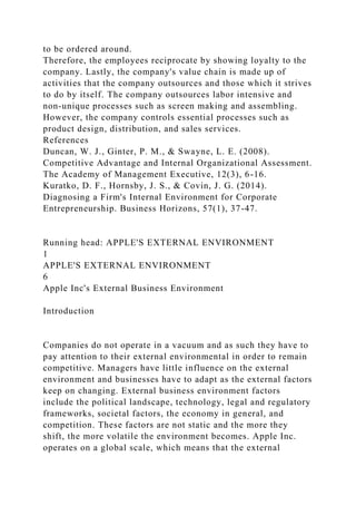 to be ordered around.
Therefore, the employees reciprocate by showing loyalty to the
company. Lastly, the company's value chain is made up of
activities that the company outsources and those which it strives
to do by itself. The company outsources labor intensive and
non-unique processes such as screen making and assembling.
However, the company controls essential processes such as
product design, distribution, and sales services.
References
Duncan, W. J., Ginter, P. M., & Swayne, L. E. (2008).
Competitive Advantage and Internal Organizational Assessment.
The Academy of Management Executive, 12(3), 6-16.
Kuratko, D. F., Hornsby, J. S., & Covin, J. G. (2014).
Diagnosing a Firm's Internal Environment for Corporate
Entrepreneurship. Business Horizons, 57(1), 37-47.
Running head: APPLE'S EXTERNAL ENVIRONMENT
1
APPLE'S EXTERNAL ENVIRONMENT
6
Apple Inc's External Business Environment
Introduction
Companies do not operate in a vacuum and as such they have to
pay attention to their external environmental in order to remain
competitive. Managers have little influence on the external
environment and businesses have to adapt as the external factors
keep on changing. External business environment factors
include the political landscape, technology, legal and regulatory
frameworks, societal factors, the economy in general, and
competition. These factors are not static and the more they
shift, the more volatile the environment becomes. Apple Inc.
operates on a global scale, which means that the external
 